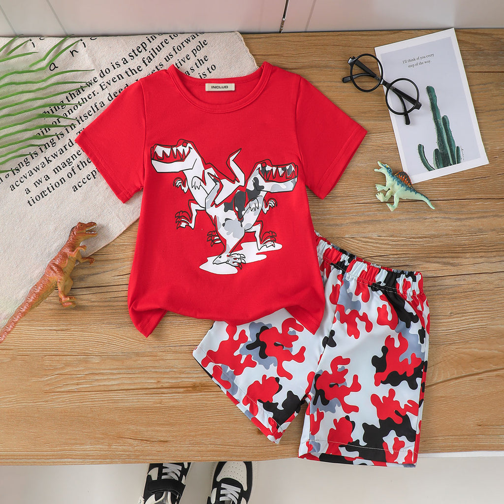Girls Red Dinosaur Printed t-Shirt With Shorts Summer Sets 2 pc. Sets Red 3-4 Y