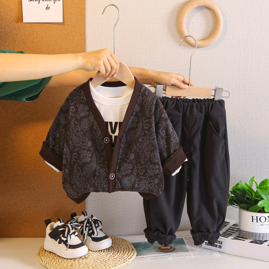 Boys Brown Floral Printed Cardigan With T-Shirt & Joggers Set Sets Brown 1-2 Y