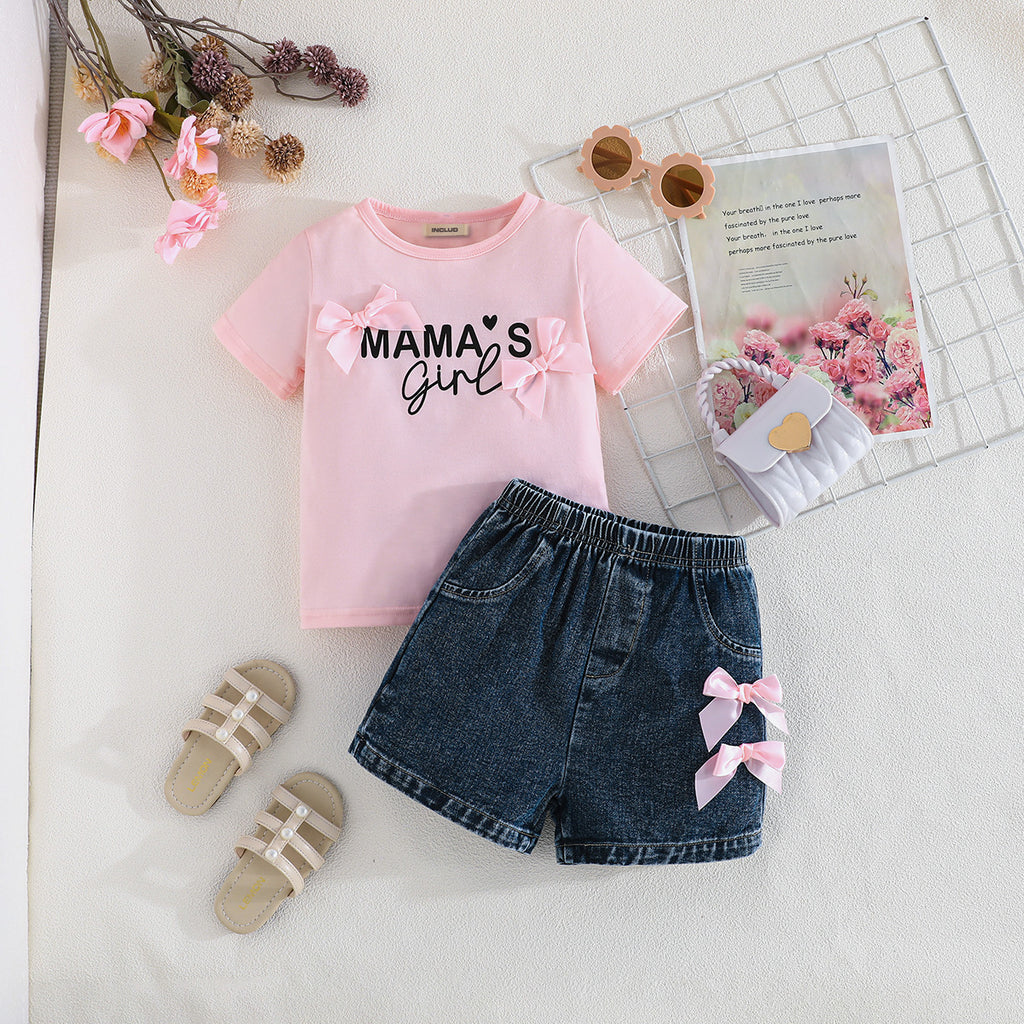 Girls Pink Typographic Printed Summer T-Shirt With Denim Shorts Set 2 pc. Sets