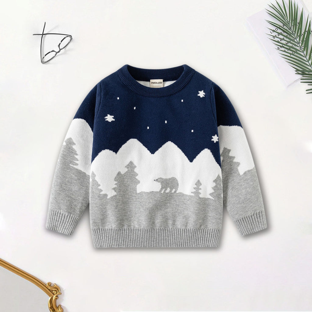 Boys Navy Blue Self-Design Jacquard Regular Sweater Sweaters & Cardigans Navy Blue 2-3 Y