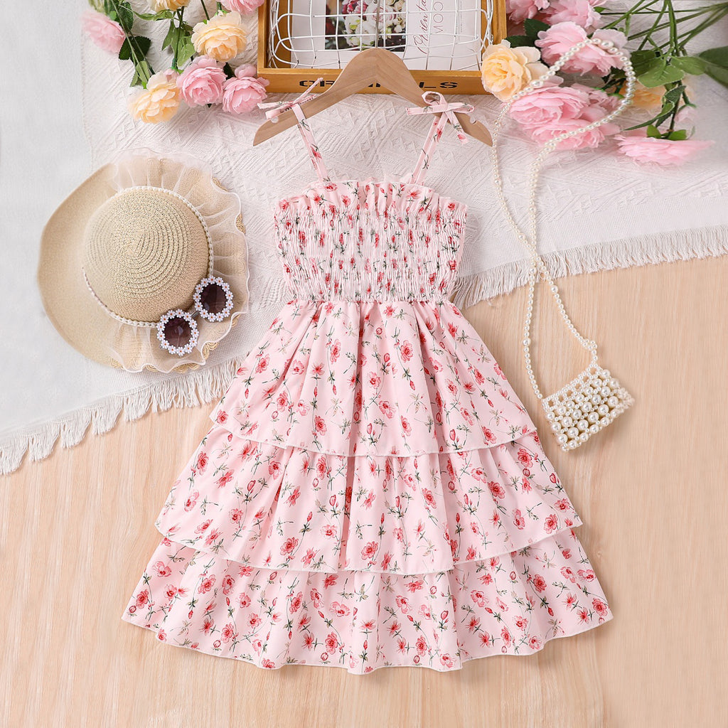 Girls Light Pink Floral Printed Sleeveless Smocked Fit & Flare Dress Casual Dresses Light Pink 3-4 Y