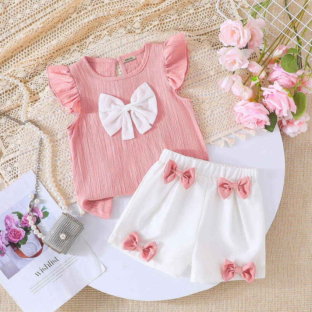 Girls Pink Flutter Sleeves Statement Bow Top With Shorts Set 2 pc. Sets Pink 3-4 Y