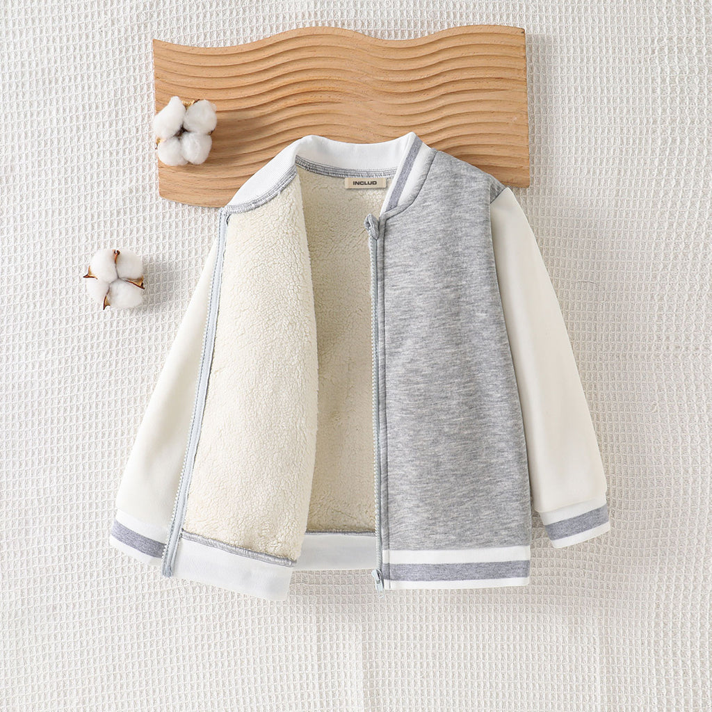 Boys Grey Solid Varsity Winter Jacket Coats & Jackets Grey 3-4 Y