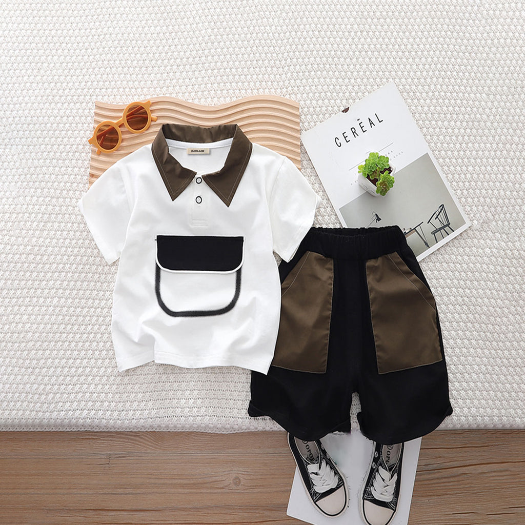 Boys White Short Sleeves Contrast Collared Polo T-Shirt With Shorts Set 2 pc. Sets White 1-2 Y