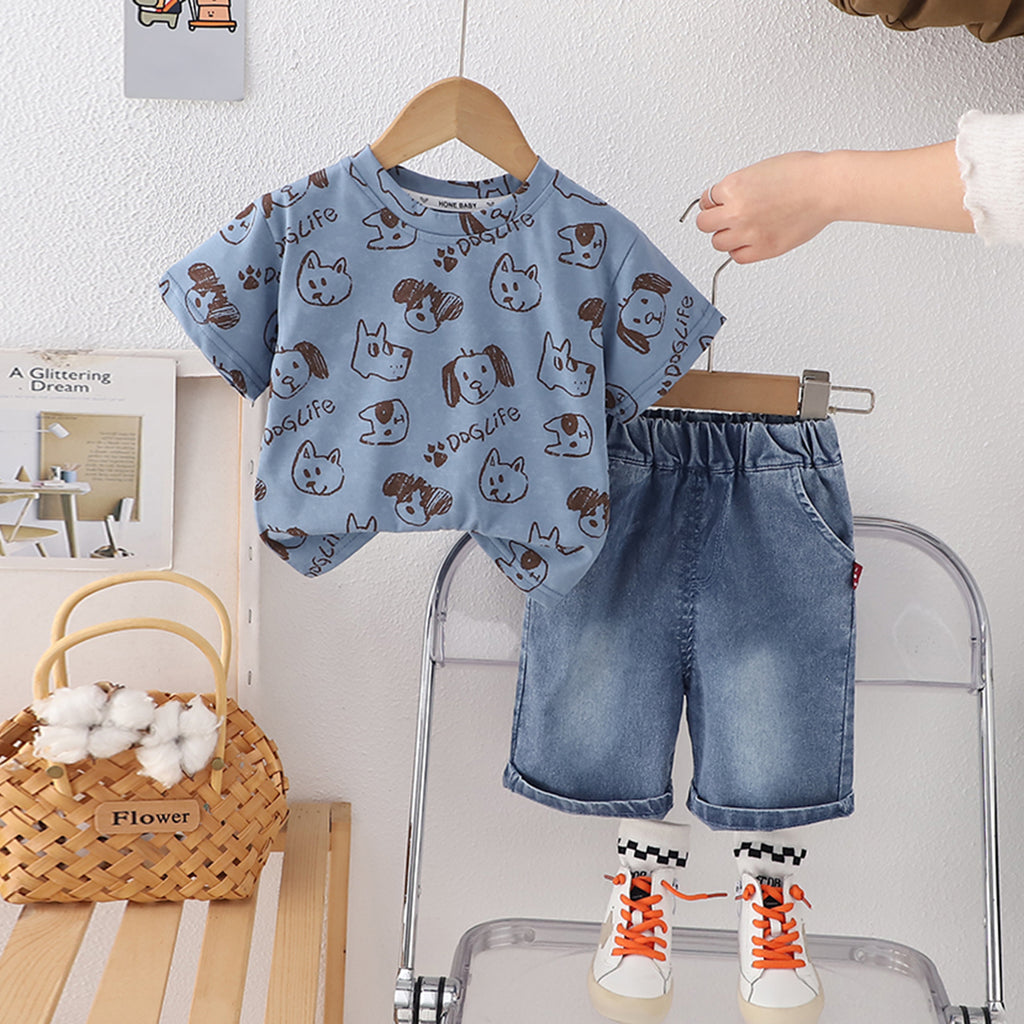 Boys Blue Cartoon Dog Printed Shorts Sleeves T-shirt with Denim Shorts Set Sets