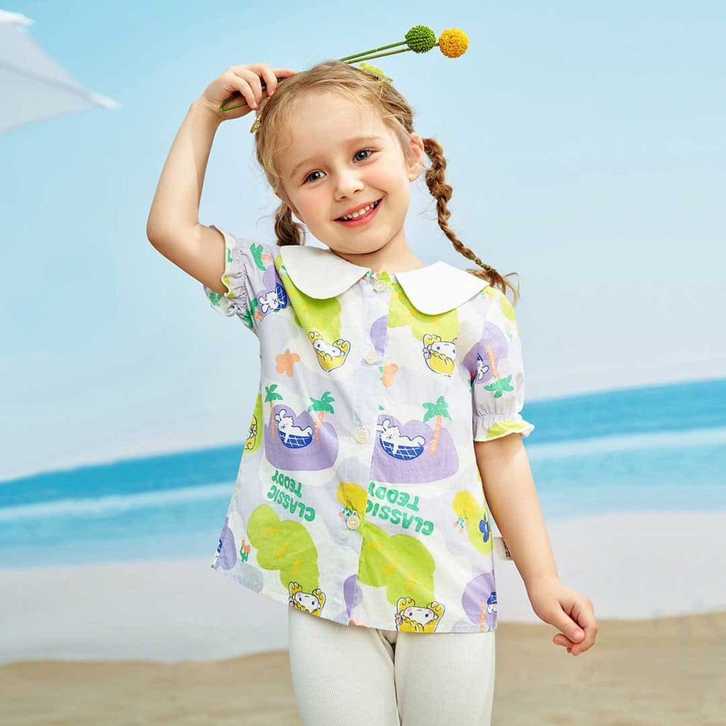 Girls Short Sleeve Peter Pan Collar Printed Shirt Shirts Purple 1-2 Y 