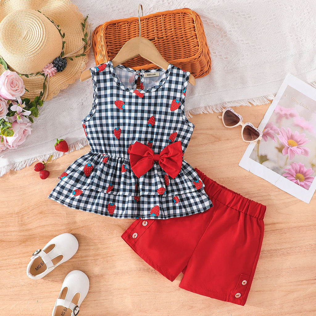 Girls Strawberry Printed Sleeveless Checkered Peplum Top With Red Shorts Set 2 pc. Sets Red 3-4 Y