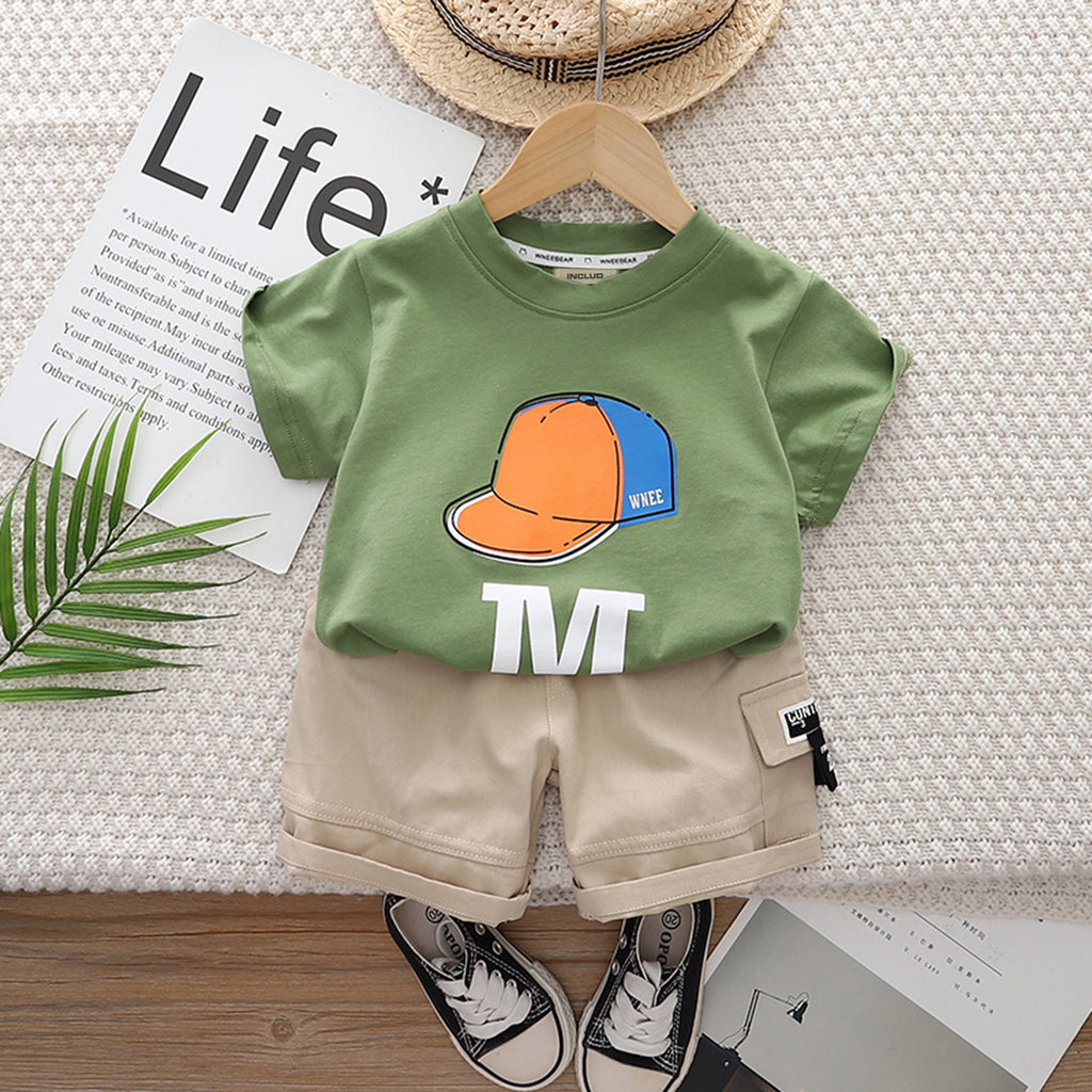 Boys Green Cap Print Short Sleeve T-Shirt With Elasticated Shorts Set 2 pc. Sets Green 1-2 Y