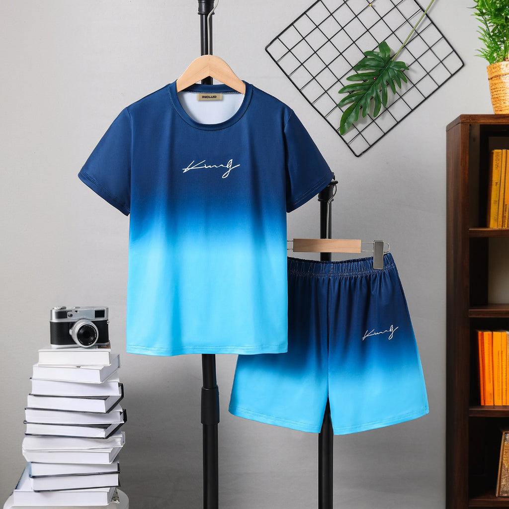 Boys Navy Blue Ombre Printed Short Sleeves T-Shirt With Shorts Set 2 pc. Sets