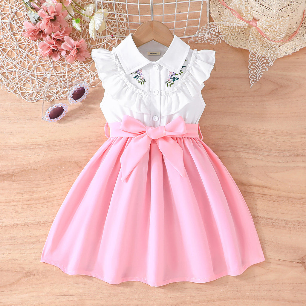 Girls Pink Short Sleeve Floral Embroidered Shirt Dress Casual Dresses Pink 3-4 Y