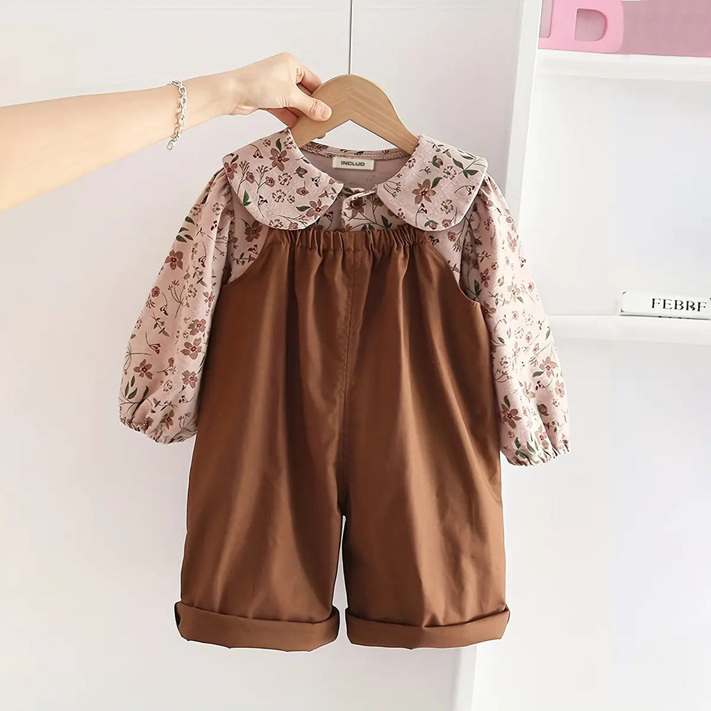 Girls Brown Floral Printed Top With Romper Sets Sets Brown 1-2 Y