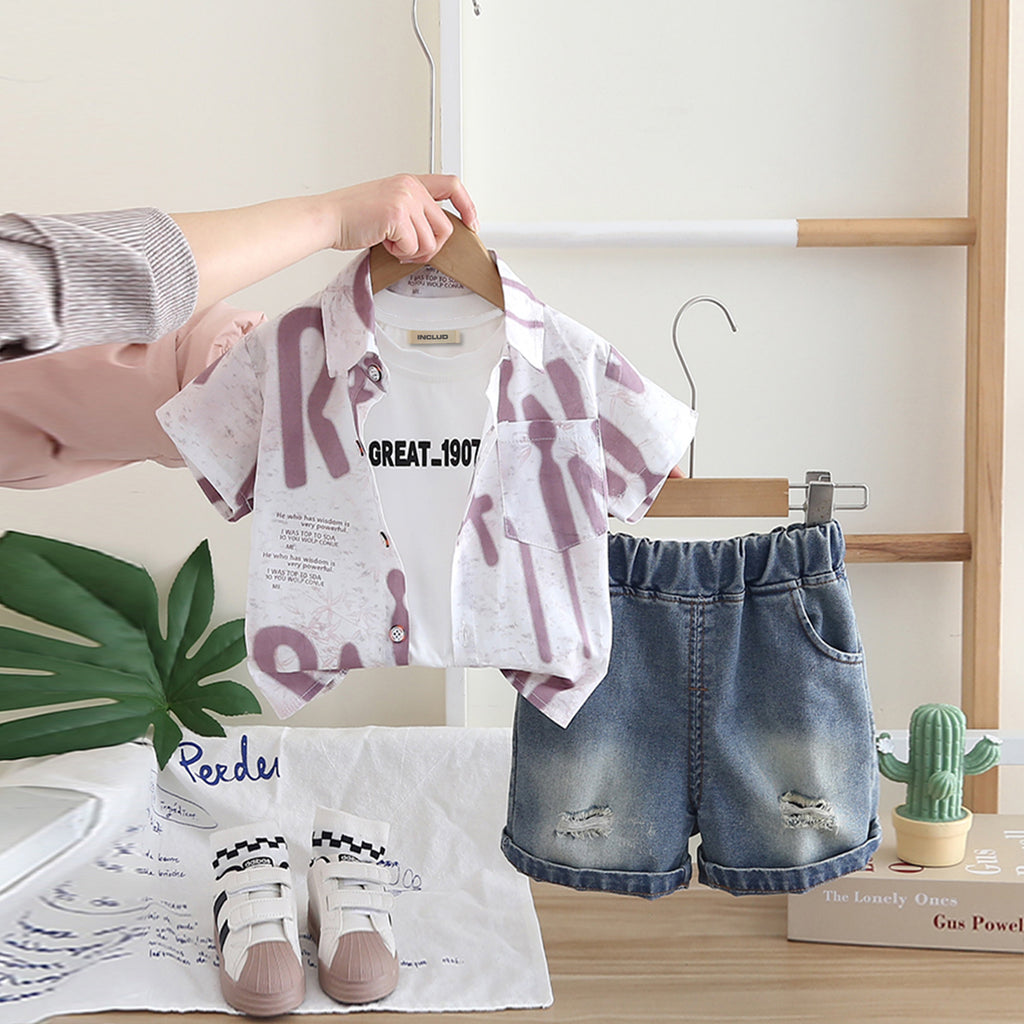 Boys Purple Abstract Printed Front Pocket Shirt With T-Shirt And Denim Shorts Set Sets Purple 1-2 Y