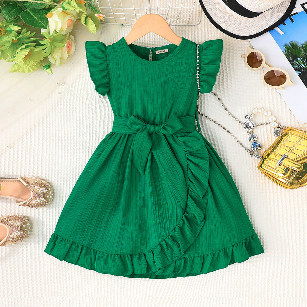 Girls Green Flutter Sleeves Bottom Ruffled Dress Casual Dresses Green 3-4 Y