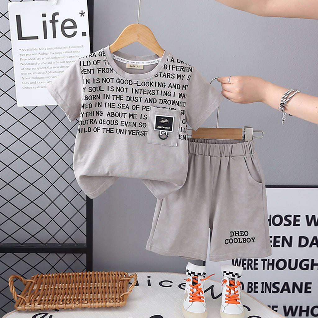 Boys Grey Typography Printed Front Pocket T-Shirt With Shorts Set 2 pc. Sets Grey 2-3 Y