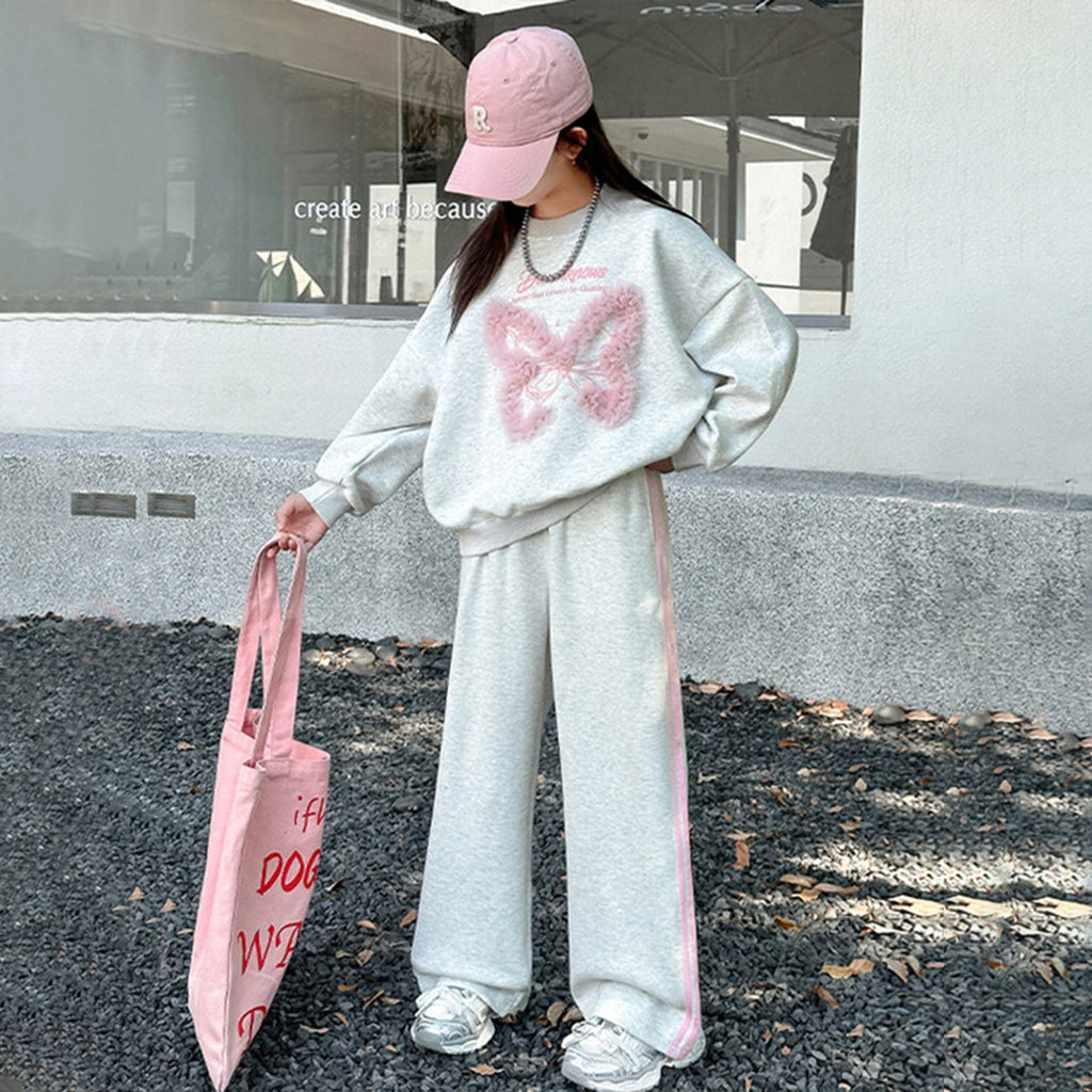 Girls Light Grey Butterfly Applique Oversized Sweatshirt With Pants Sets Sets Light Grey 5-6 Y