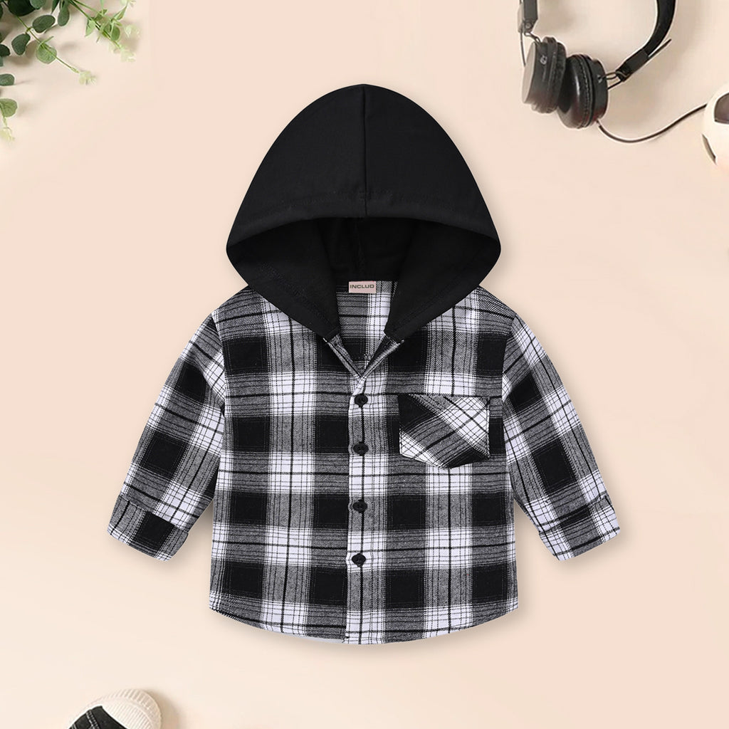 Boys Black Checked Hooded Winter Shirt Shirts Black 2-3 Y
