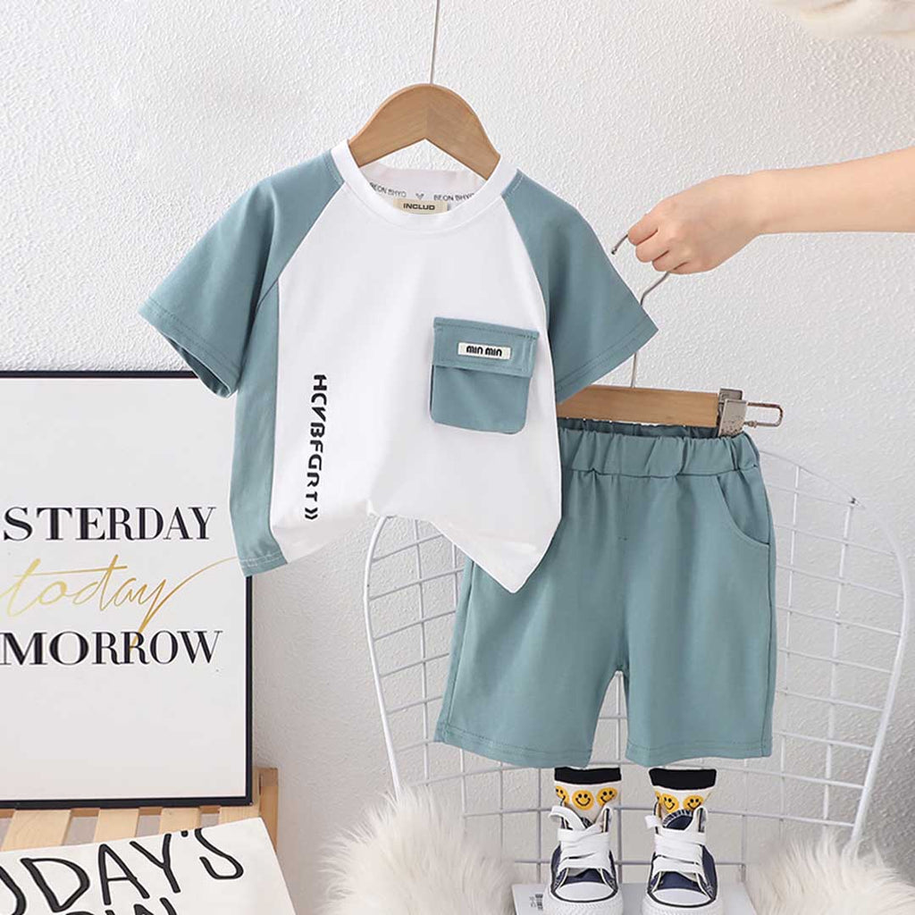 Boys Raglan Sleeve Front Pocket T-Shirt With Shorts Set 2 pc. Sets Sea Green 1-2 Y 