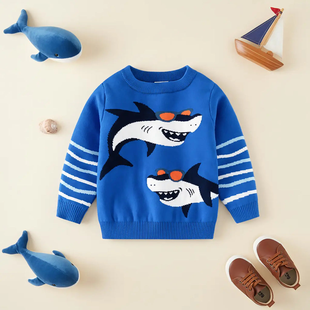 Boys Blue Self-Design Shark Patterns Knitted Sweater Sweaters & Cardigans Blue 2-3 Y