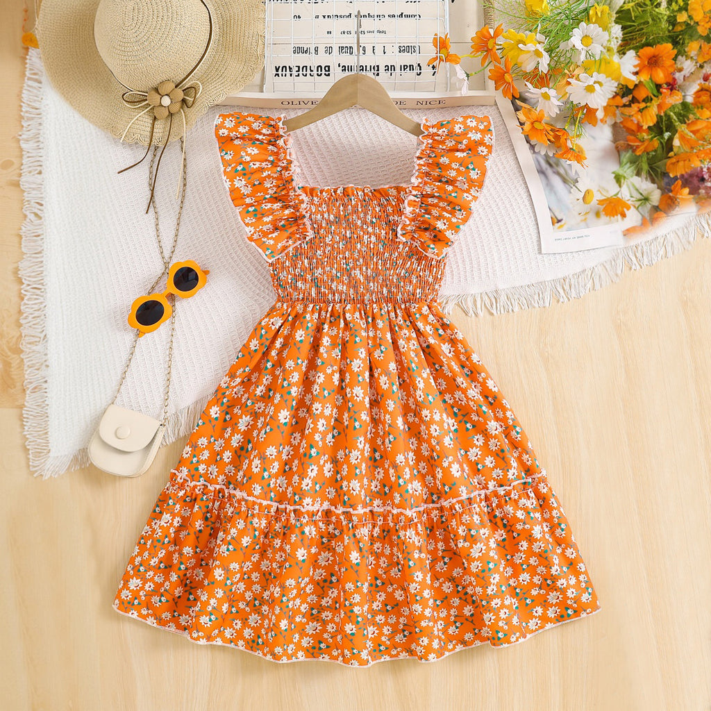 Girls Orange Floral Printed Sleeveless Smocked Fit And Flared Casual Dress Casual Dresses Orange 3-4 Y