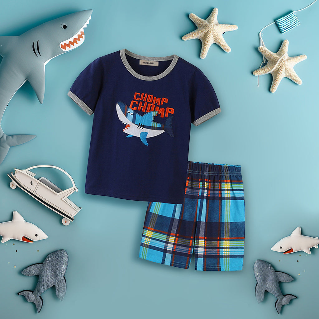 Boys Shark Applique T-Shirt With Checkered Print Shorts Set Tshirts Blue 1-2 Y 