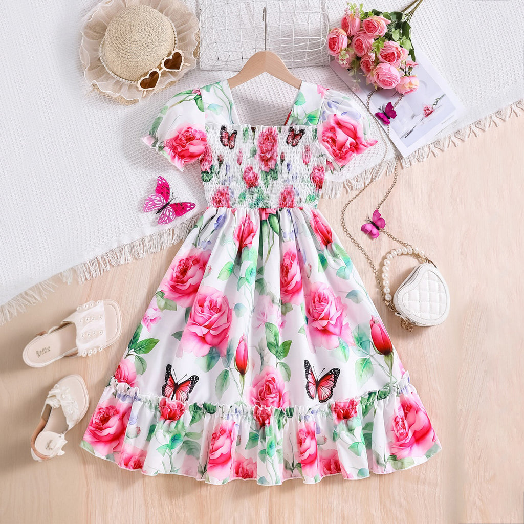 Girls Pink Rose Printed Puff Sleeves Square Neck Fit & Flare Dress Casual Dresses