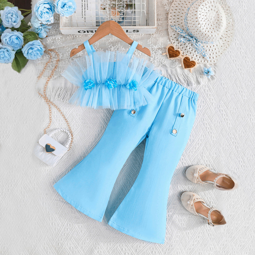 Girls Sky Blue Strapped Top With Wide Bottom Trouser 2 pc. Sets Sky Blue 2-3 Y