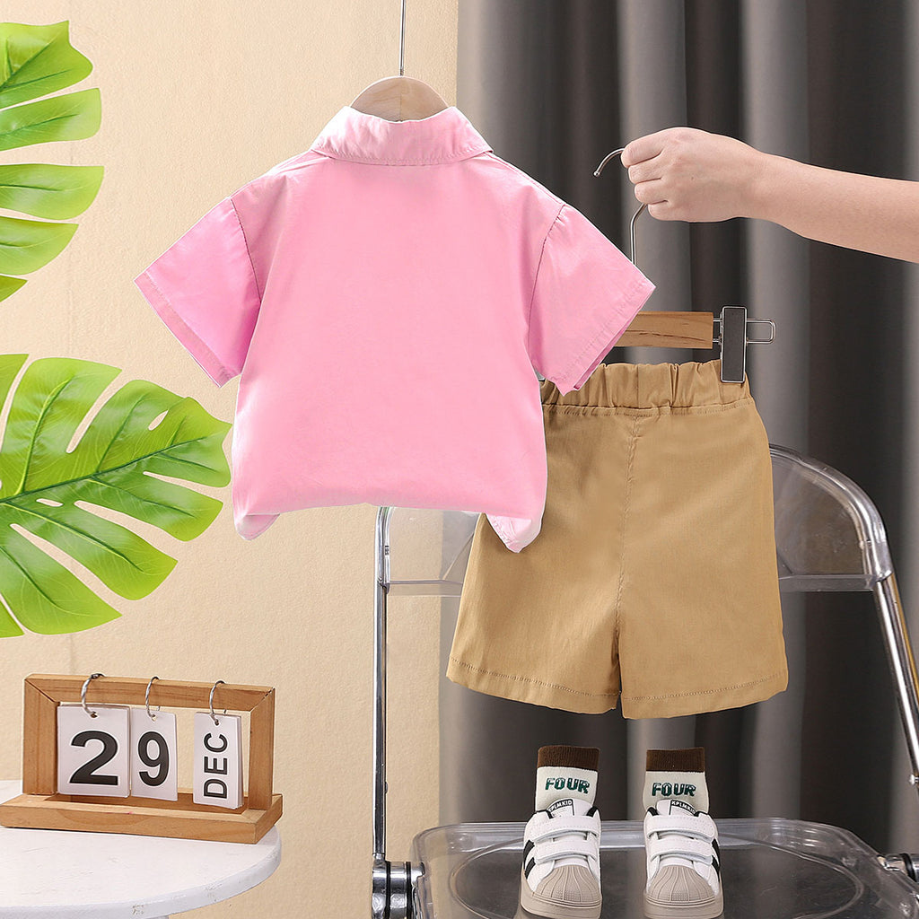 Boys Pink Shirt with attached Tie Khaki Shorts Set – INCLUD