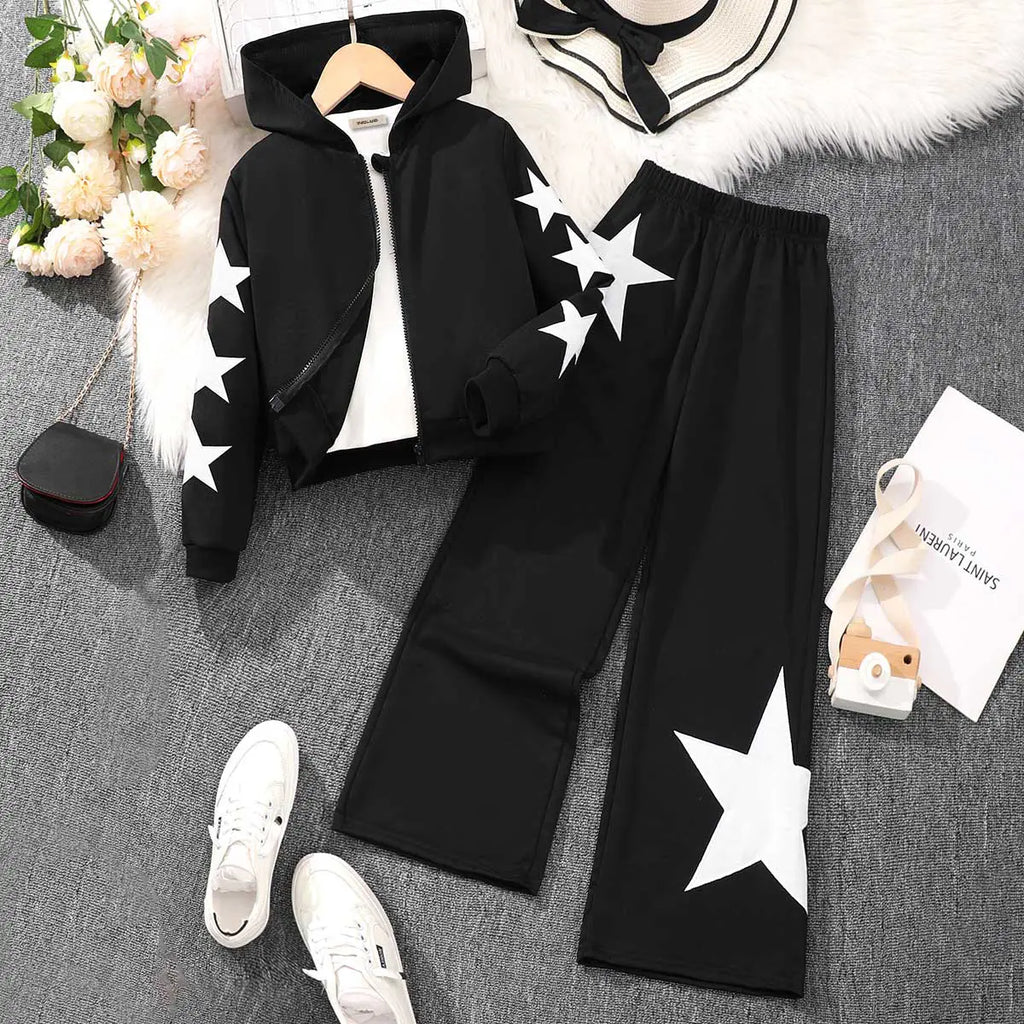 Girls Black Star Embroidered Hooded Zipper Sweatshirt With Jogger Sets Sets Black 7-8 Y