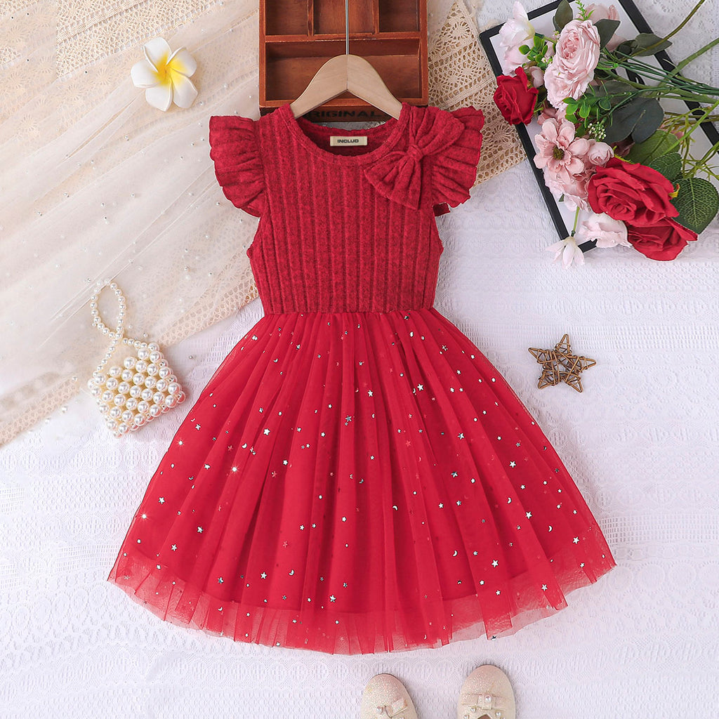 Girls Red Star Printed Flutter Sleeves Fit And Flared Dress Casual Dresses Red 2-3 Y