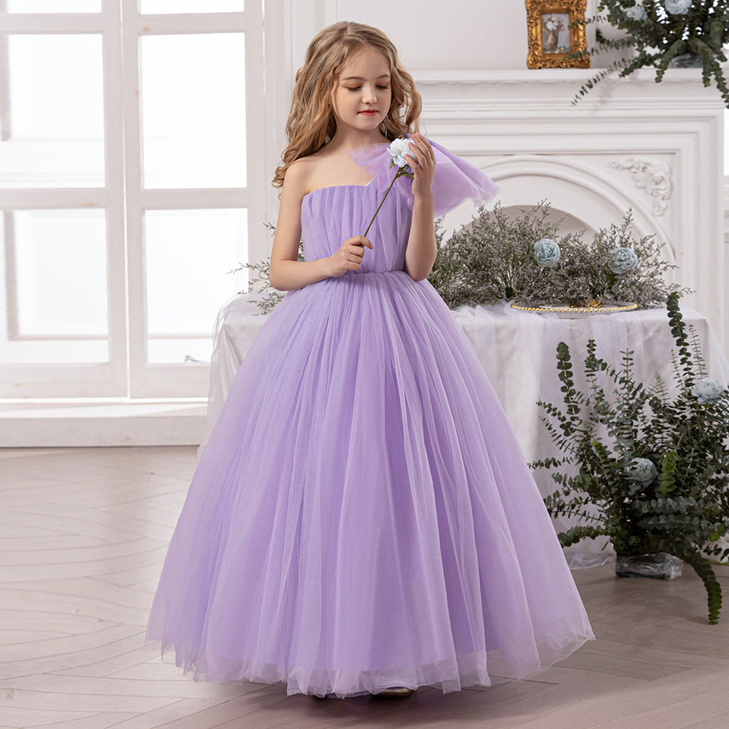 Girls Violet One-Shoulder Gathered Tulle Gown Party Dresses Violet 7-8 Y