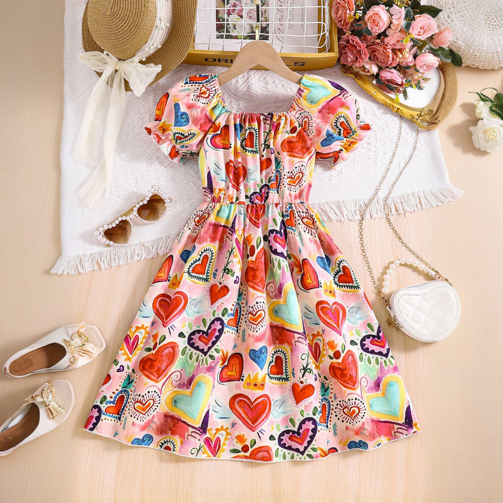 Girls Multicolored Heart Printed Scoop Neck Fit & Flare Dress Casual Dresses Multicolor 3-4 Y