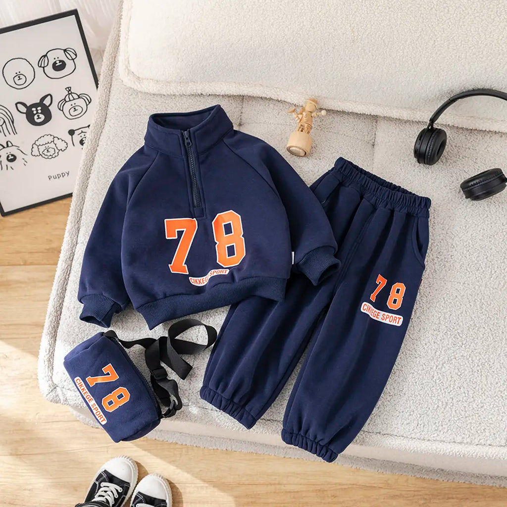 Boys Navy Blue Alphanumeric Printed Regular Sweatshirt With Trouser Sets 3 pc. Sets Navy Blue 1-2 Y