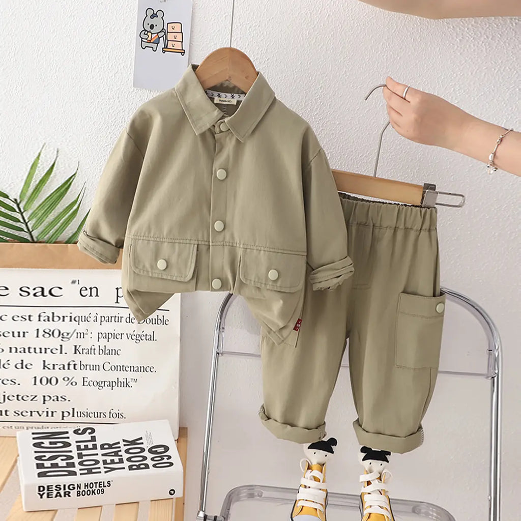 Boys Green Solid Shacket With Cargo Pants Co-ord Sets Sets Green 1-2 Y