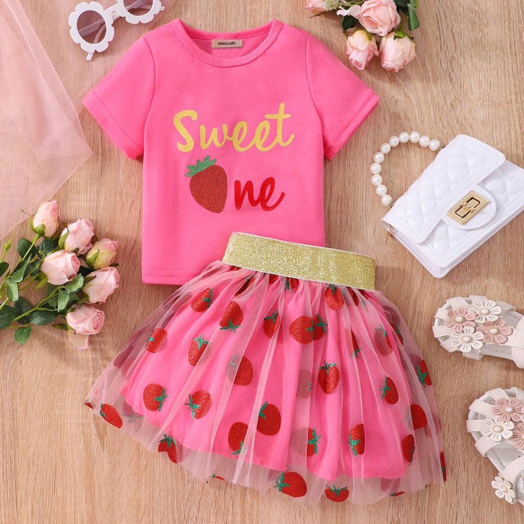 Girls Fuchsia Printed Top with Glitter Strawberry Tulle Skirt Set
