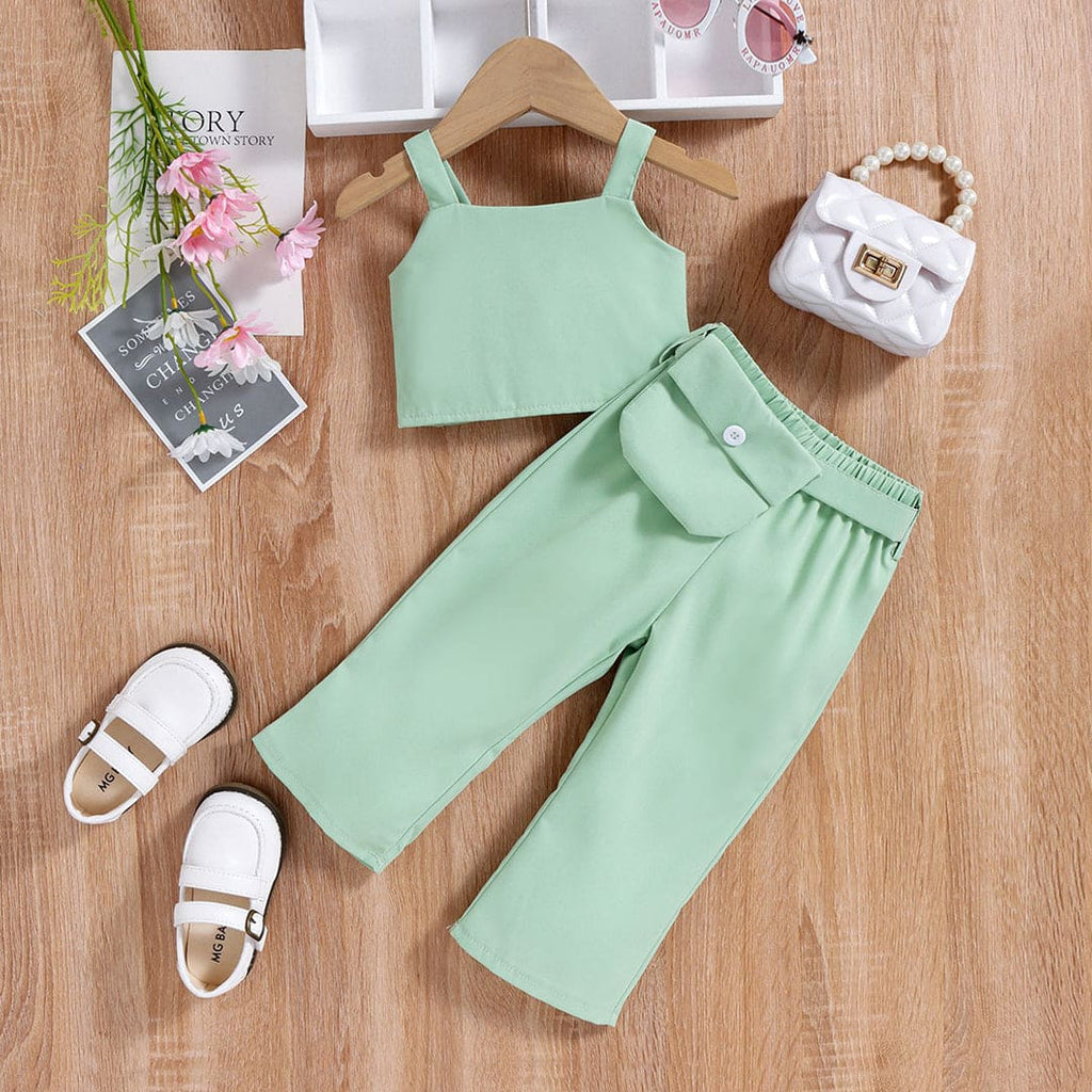 Girls Camisole Top With Elasticated Pants & Belted Bag 3 pc. Sets Light Green 1-2 Y 
