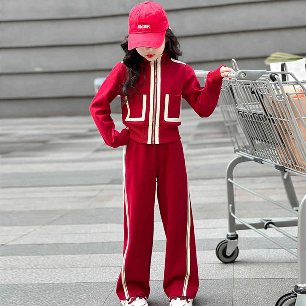 Girls Red High Neck Zip-up Jacket With Pants Co-ord Sets Sets Red 5-6 Y