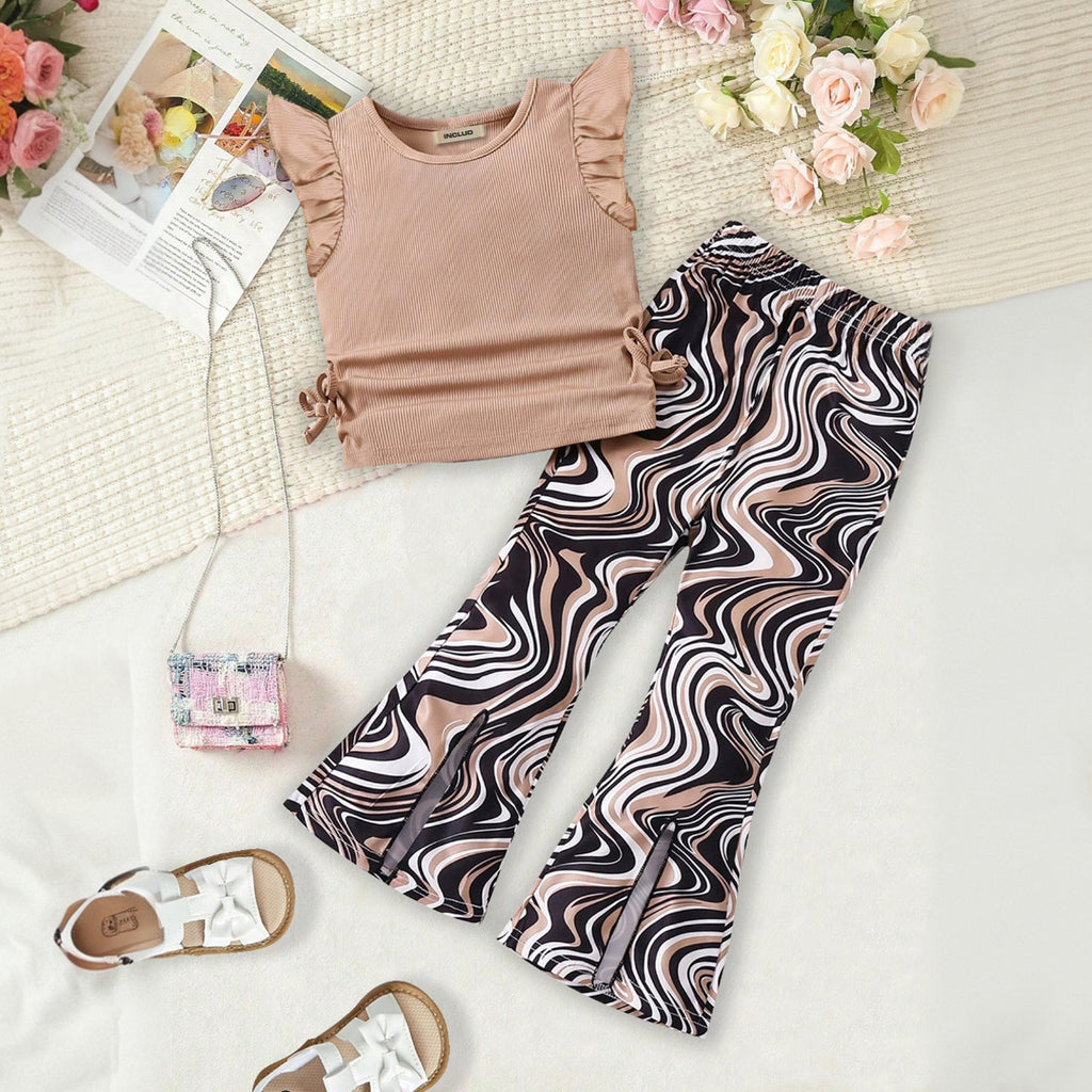 Girls Light Brown Flutter Sleeves Top With Abstract Printed Pants Set 2 pc. Sets Light Brown 3-4 Y