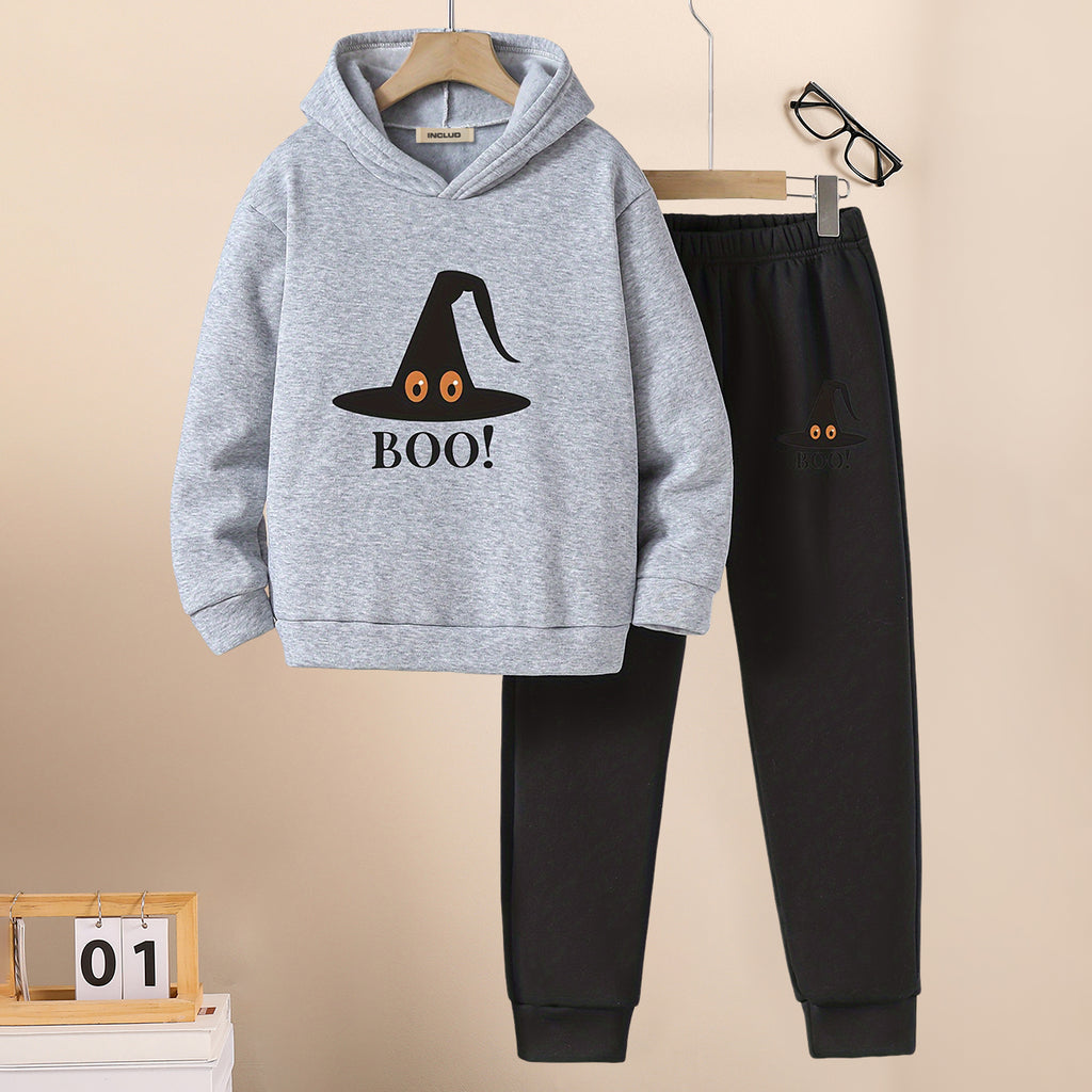 Boys Grey Melange Spooky Hat Print Hooded Sweatshirt with Joggers Set Sets Grey 5-6 Y