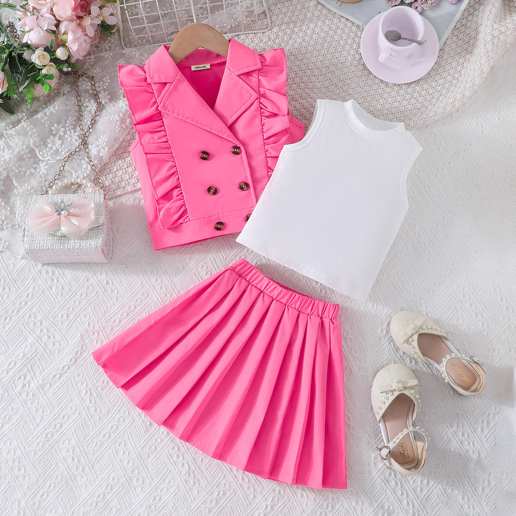 Girls Pink Sleeveless Top With Pleated Skirt And Top Set 3 pc. Sets Pink 3-4 Y