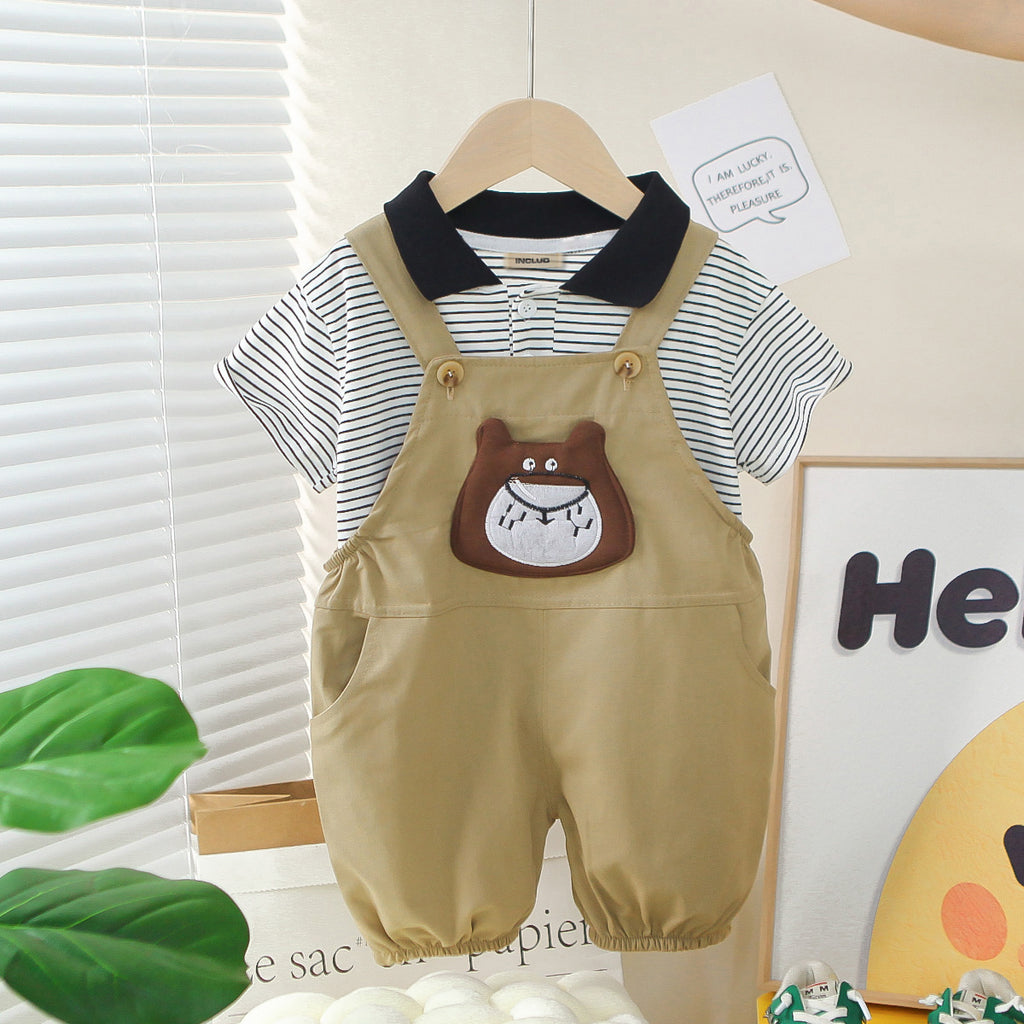 Boys Black Striped Polo T-Shirts With Dungaree Set 2 pc. Sets Black 1-2 Y