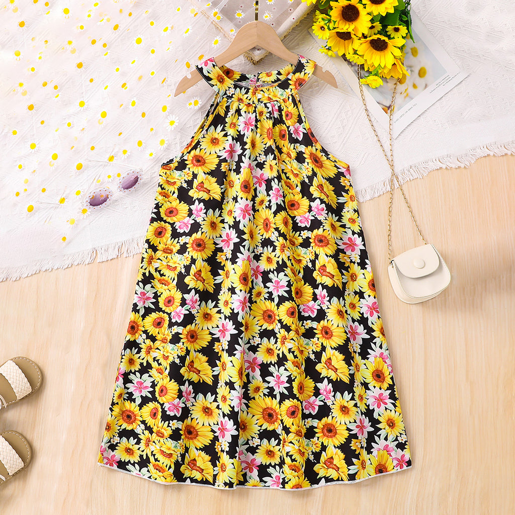 Girls Yellow Floral Printed Halter Neck Casual Dress Casual Dresses Yellow 3-4 Y