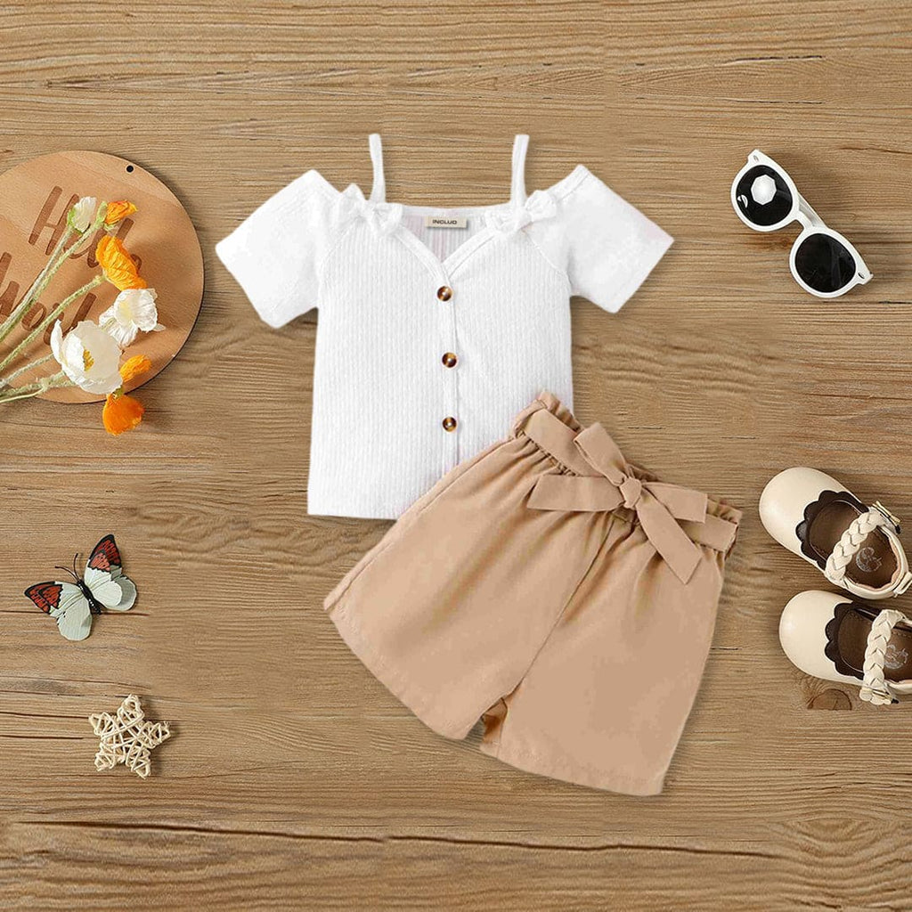 Girls Short Sleeve Top With Self Fabric Belt Shorts 2 pc. Sets White 3-4 Y 