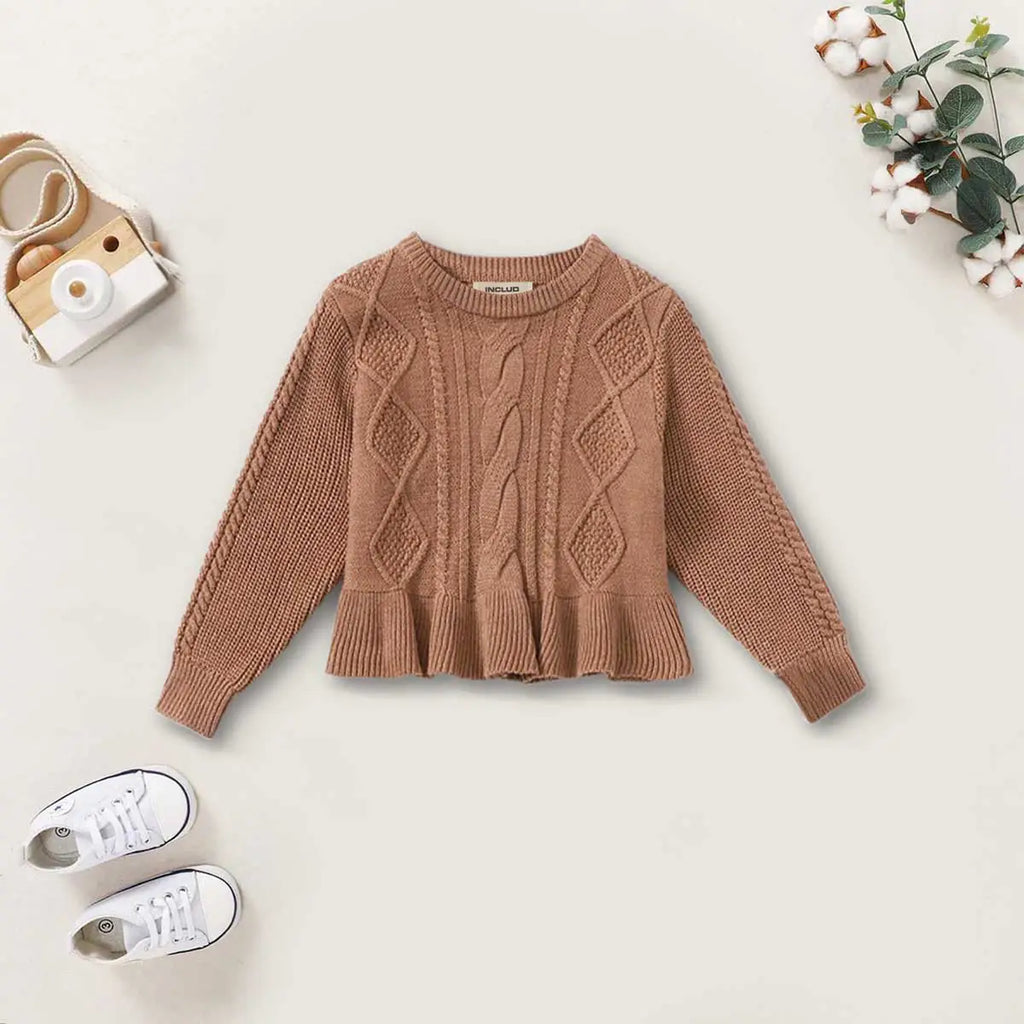 Girls Brown Self-Design Diamond Pattern Sweater With Ruffle Hem Sweaters & Cardigans Brown 1-2 Y