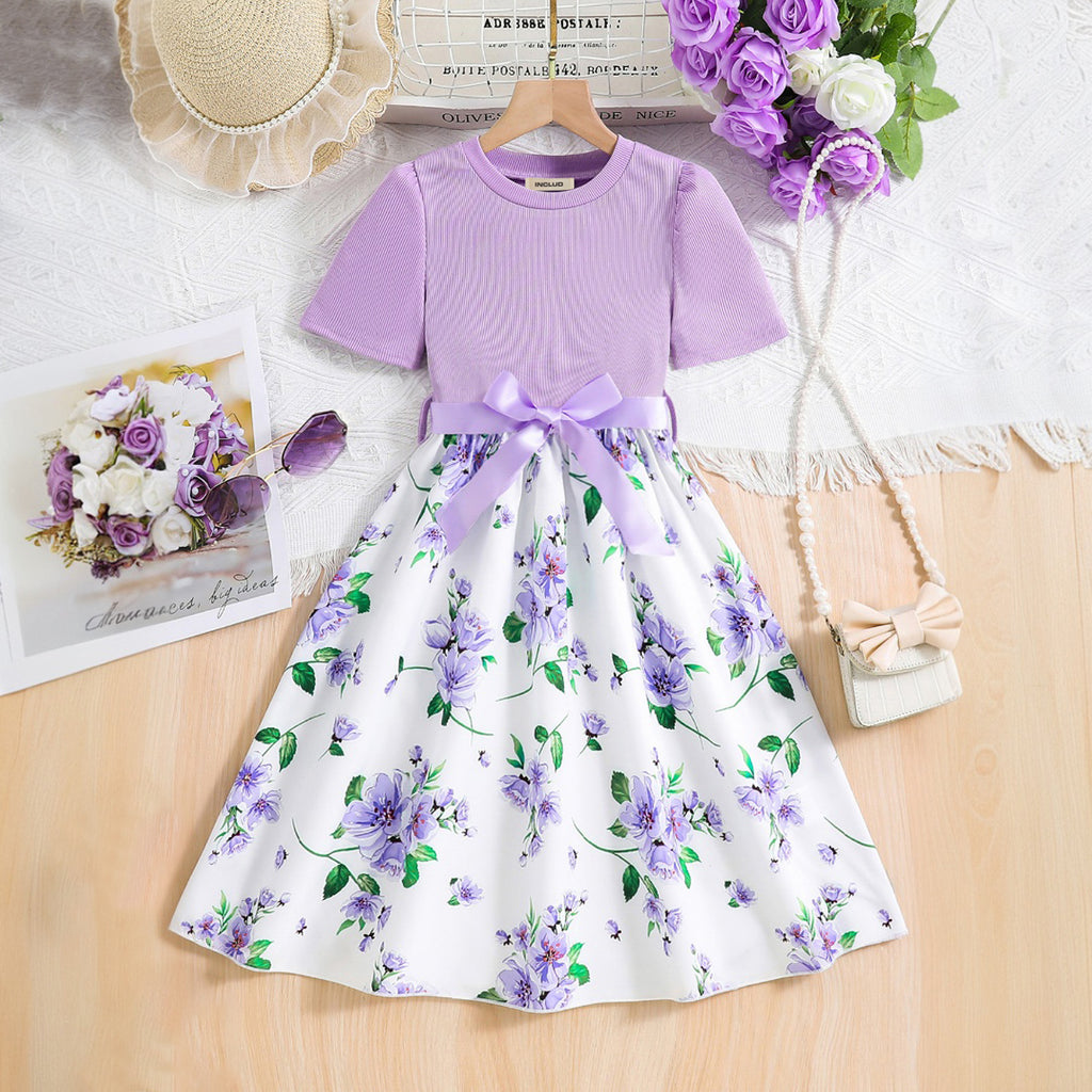 Girls Purple Floral Printed Short Sleeves Fit And Flared Dress Casual Dresses