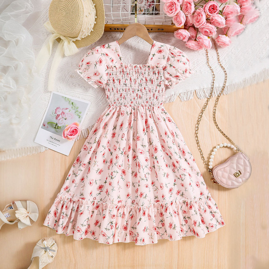 Girls Light Pink Floral Printed Puff Sleeves Fit Flare Casual