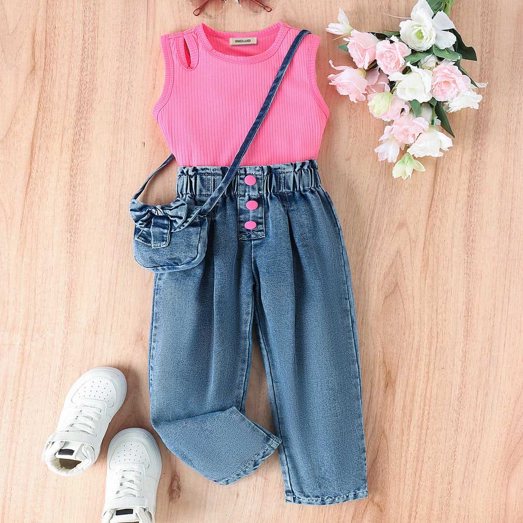 Girls Sleeveless Top With Denim Trousers & Denim Bag 3 pc. Sets Pink 4-5 Y 