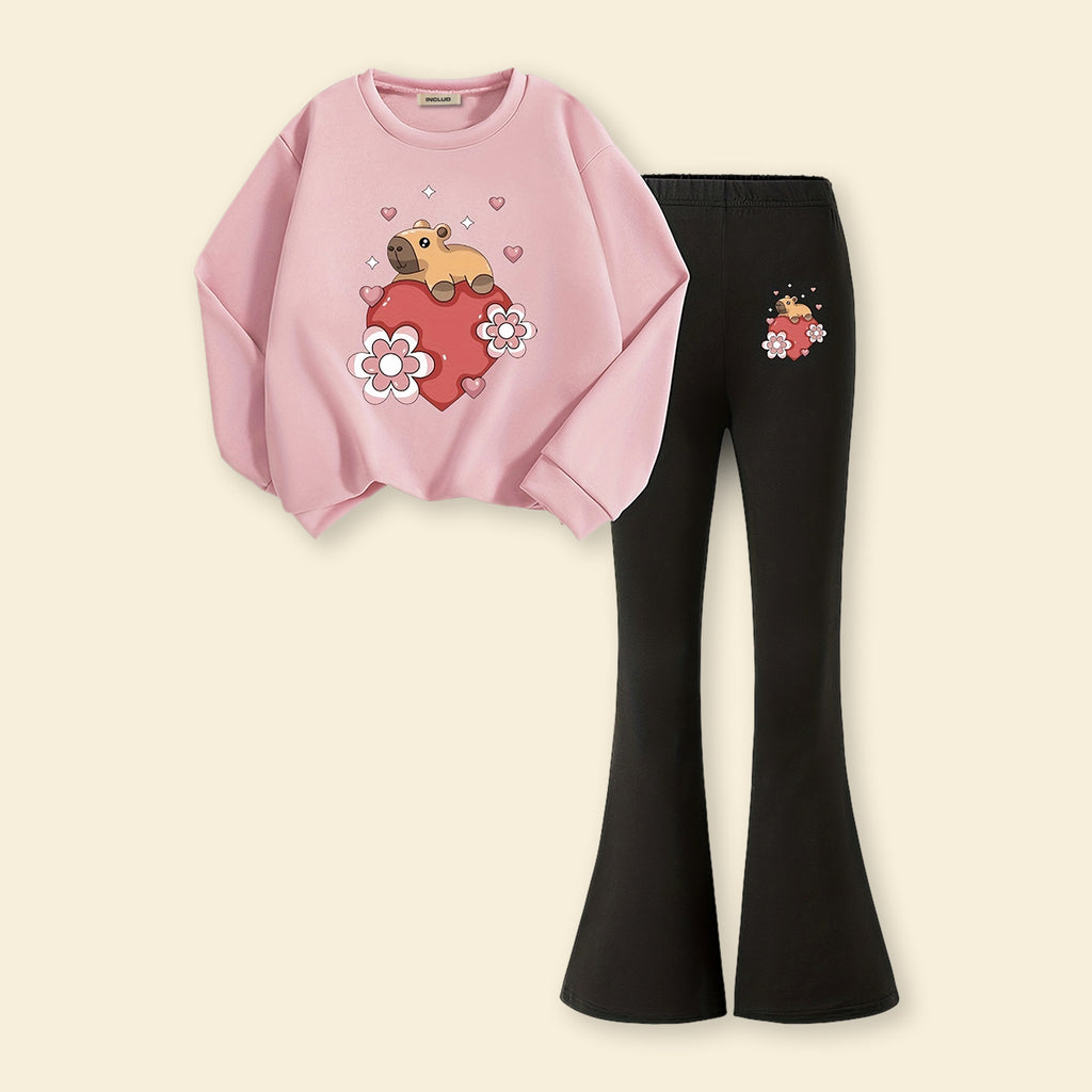 Girls Light Pink Heart Print Sweatshirt with Flared Pants Set 2 pc. Sets Light Pink 7-8 Y