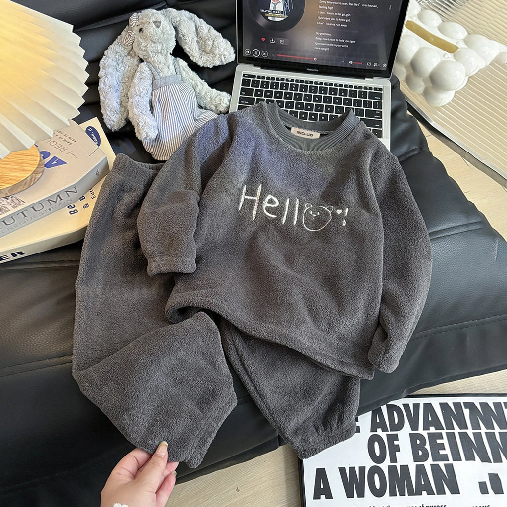 Girls Dark Grey Typographic Embroidered Long Sleeves Top With Pants Sets Sets Dark Grey 1-2 Y