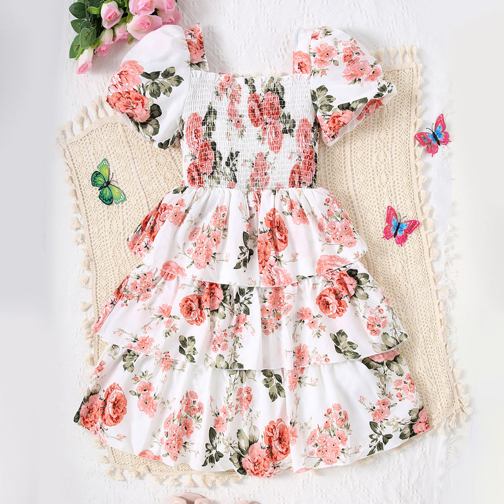 Girls White Floral Printed Puff Sleeves Dress Casual Dresses White 7-8 Y