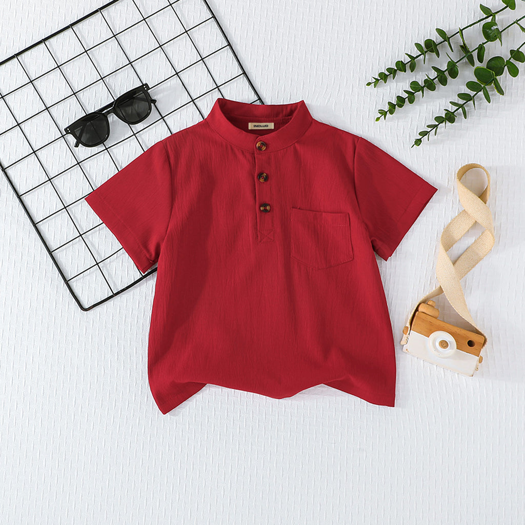 Boys Red Short Sleeves Mandarin Collared T-Shirt Tshirts Red 3-4 Y